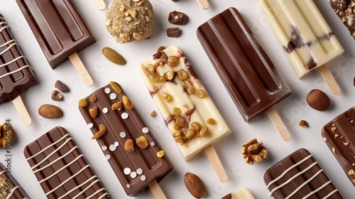 A variety of chocolate popsicles with nuts and toppings on a white background. Summer food refreshment concept. 