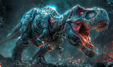 A digital art depiction of a T-Rex roaring amidst flames. Generate AI