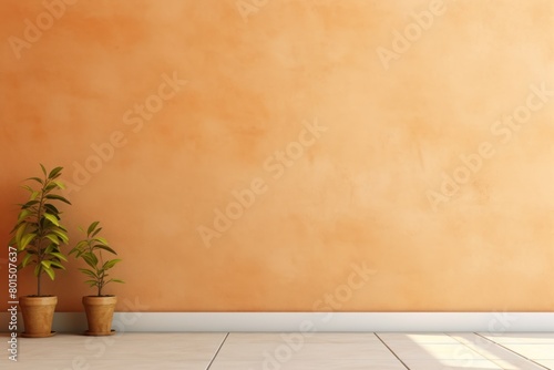 Orange minimalistic abstract empty stone wall mockup background for product presentation. Neutral industrial interior with light  plants