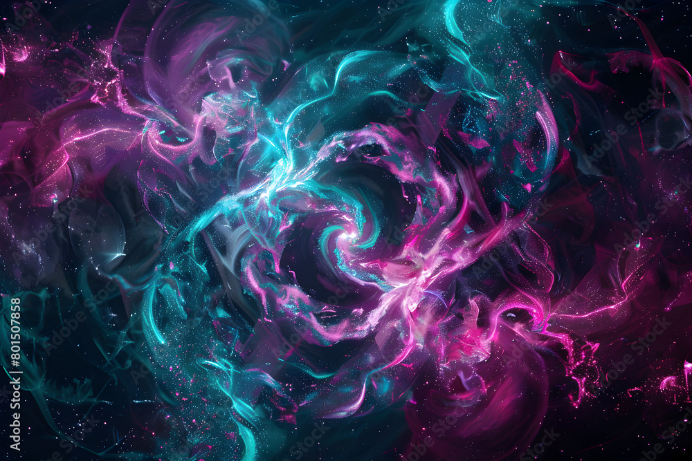 Vibrant neon abstract galaxy with pink and blue swirling patterns. Beautiful artwork on black background.
