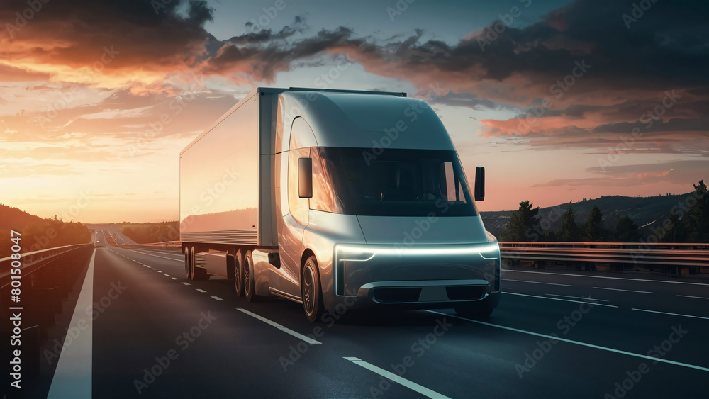 Concept design of a futuristic electric trucks on the highway, future sustainable logistics concepts