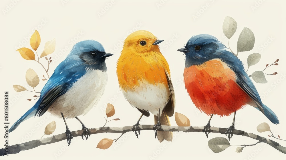 Birds in dynamic pose modern. Stylish and creative background music covers and posters in red and blue colors. Posters with birds in dynamic poses modern.