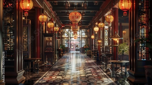 Elegant and Lavish Historic Restaurant Interior with Ornate Decor and Lighting Fixtures in Vintage Style © kittipoj