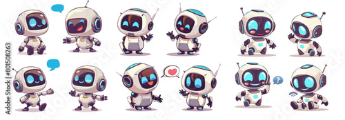 Cute cartoon robot character with different facial expressions. Vector illustration.