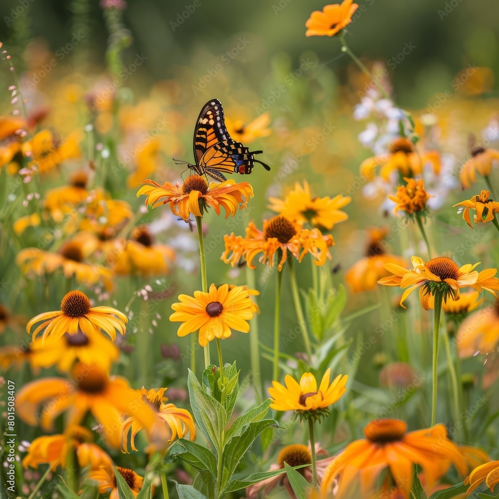 Butterfly garden with a variety of native flowers and butterflies fluttering around Butterfly garden with a variety of native flowers and butterflies fluttering around