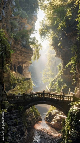 Enchanting Misty Forest Bridge in Otherworldly Landscape of Mystical Ruins and Caverns