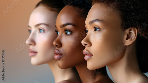 Four women with different skin tones stand side by side. Concept of unity and diversity, celebrating the beauty of different skin colors
