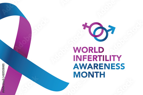 June is World Infertility Awareness Month vector. Pink and blue awareness ribbon with world map silhouette icon vector isolated on a white background. Fertility health design element. Important day