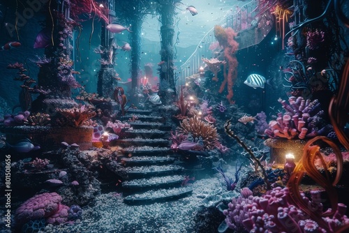 Ethereal Steampunk Aquatic Realm Illuminated by Captivating Luminescent Creatures
