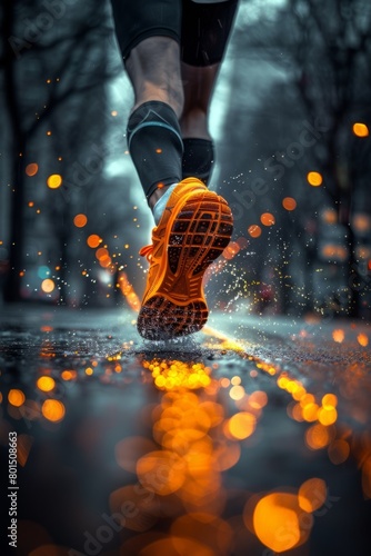 Runner makes a run on evening rainy city. Sneaker shoes, feet close-up. Sports and recreation concept. Success aand achievement