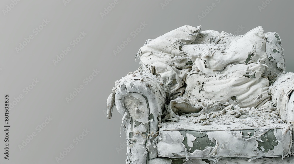   A white chair with a seat splattered in white paint and a mound of white substance behind it