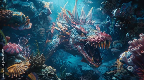 Fearsome Mythical Sea Creature Lurking in a Vibrant Underwater Coral Reef Landscape
