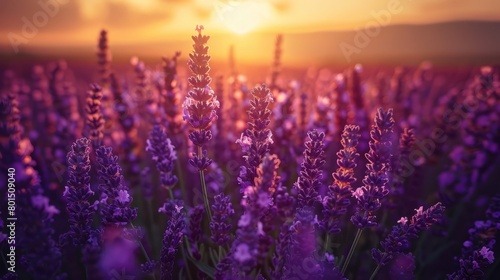  A field of lavender flowers with the sun setting behind – backdrop