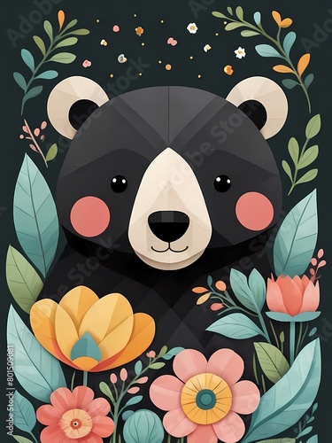 Floral Cute Baby Bear Nursery Generative AI Illustration 