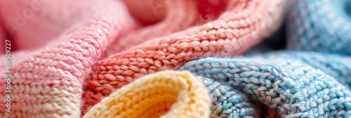 A knitted sweater with a pink, blue, and purple color pattern photo