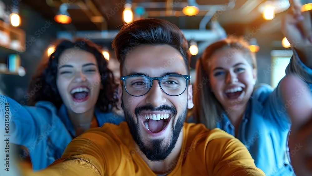 Colleagues Motivated to Succeed in Startup Business, Capturing the Excitement with a Selfie. Concept Motivated Colleagues, Startup Business, Excitement Captured, Selfie Moment