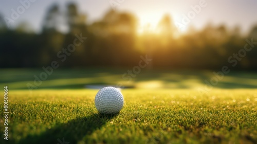 Golf ball on green grass with sun flare and bokeh background