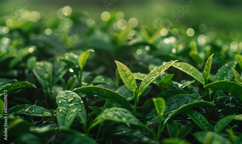 tea plantation focusing on the intricate details of the tea bushes and leaves