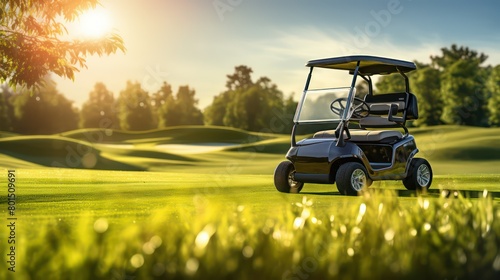 Golf cart on green grass field with sun flare at golf course photo
