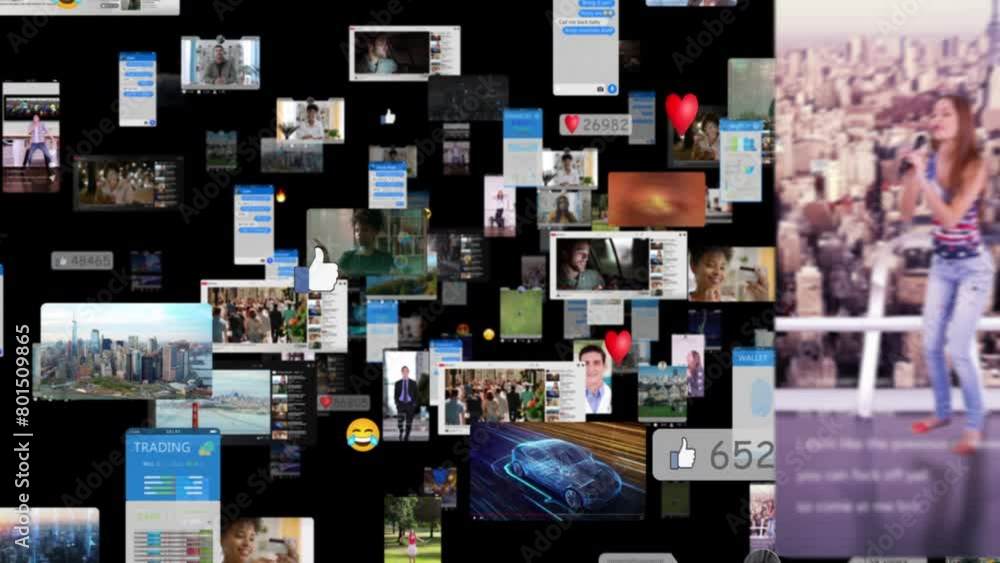 Social Network Concept with Blockchain Architecture Visualization of a Metaverse Big Data with Viral Videos, Advertising, Social Media Profiles with Influencers. Alpha Matte.