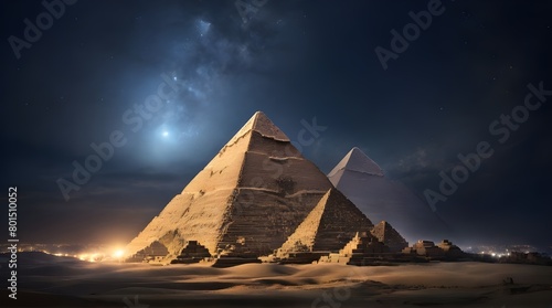  Great Pyramids of Giza in the desert at night. The pyramids are illuminated by a full moon that illuminates the area. The sky is filled with stars  and there is a city in the distance.