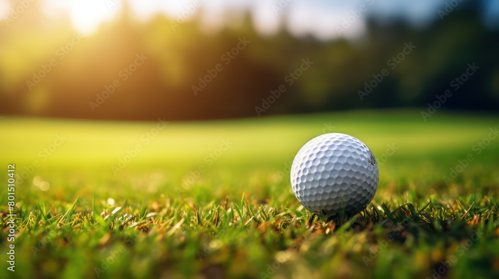 Obraz premium Golf ball on green grass ready for golf in beautiful golf course at sunset.