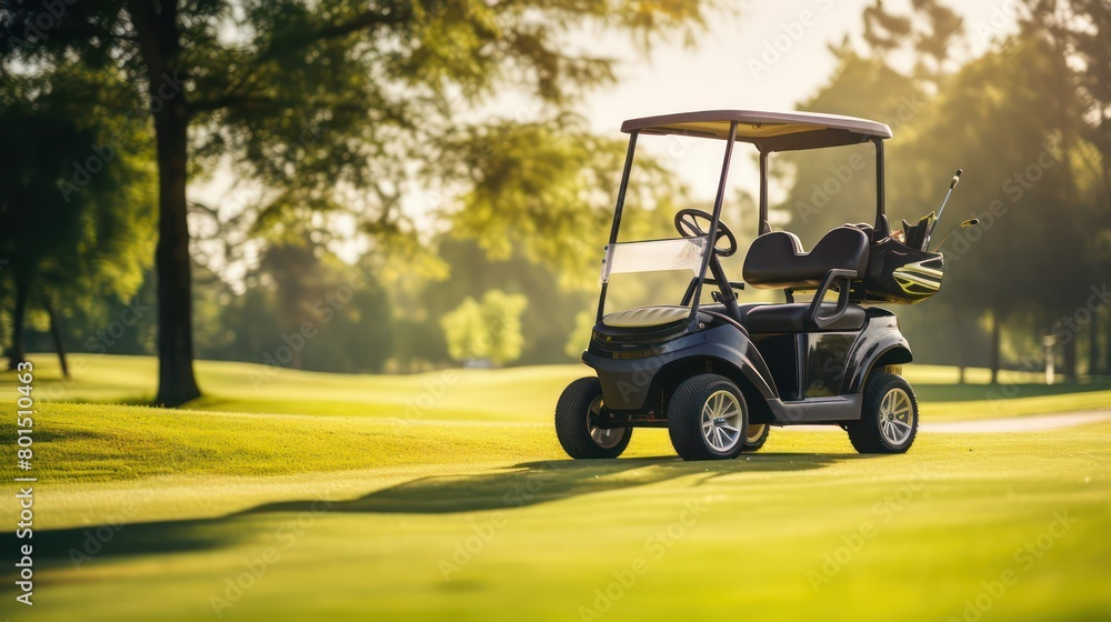 golf cart on green grass at beautiful golf course with morning sunlight