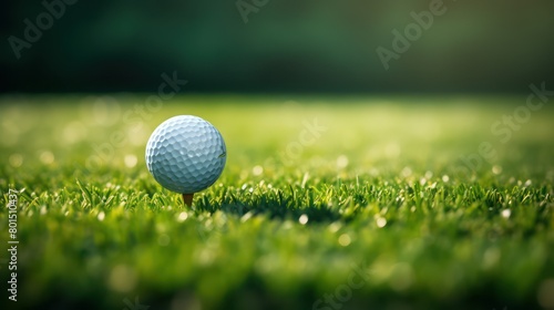 Golf ball on green grass with beautiful bokeh background.