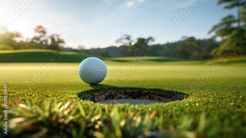Golf ball on green grass with hole in golf course at sunset