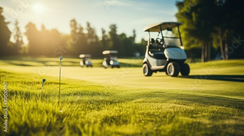 Golf cart on green grass field with sun flare at golf course with small cars