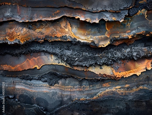 Scorched Metallic Abstract Landscape of Molten Layers Cooling in Dramatic Forge-like Environment