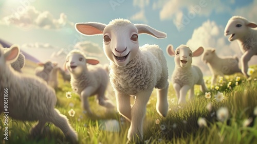 a beautiful meadow bathed in sunlight, where playful lambs frolic and interact with each other in a heartwarming display of friendship and joy.