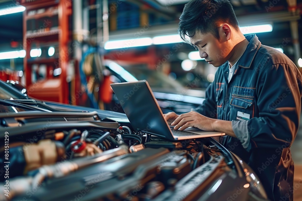 Expert Mechanic Utilizing Advanced Technology A Detailed Look at Modern Car Diagnostics with a Laptop. Expert Mechanic Utilizing Advanced Technology A Detailed Look at Modern Car Diagnostics with a Laptop.