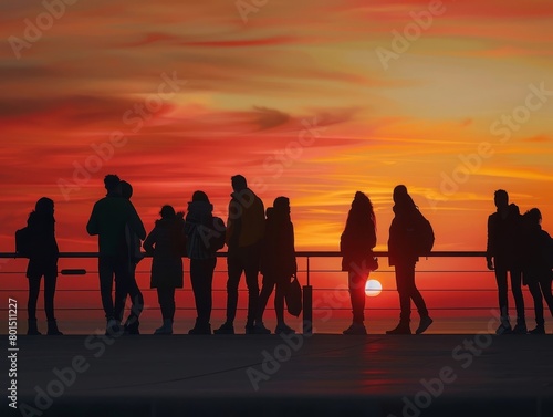 Silhouetted Travelers Admiring the Breathtaking Sunset Over the Serene Shoreline