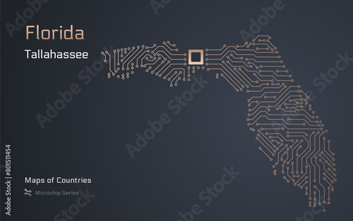 Florida Map with a capital of Tallahassee Shown in a Microchip Pattern. Silicon valley, E-government. United States vector maps. Microchip Series	
