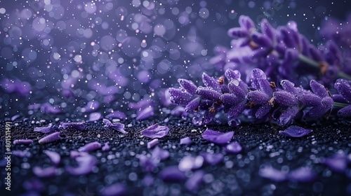  A collection of purple flowers resting atop a black background, adorned with water droplets on their petals