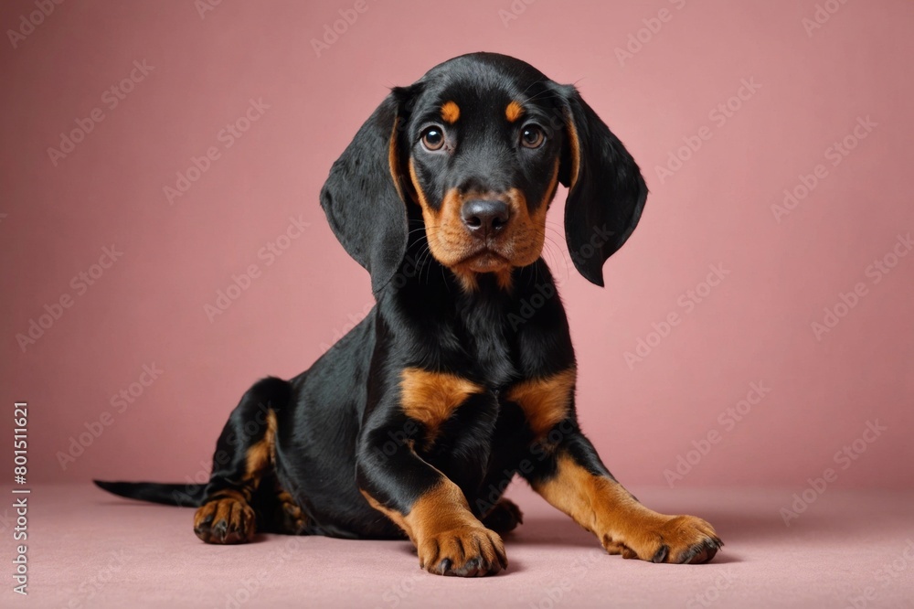 Black and Tan Coonhound puppy looking at camera, copy space. Studio shot.
