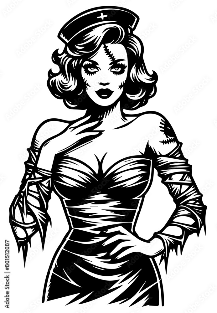 mummy halloween retro girl pin-up, nocolor vector illustration silhouette for laser cutting cnc, engraving, black shape decoration vintage woman