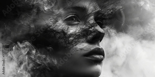 A woman with smoke emanating from her face photo