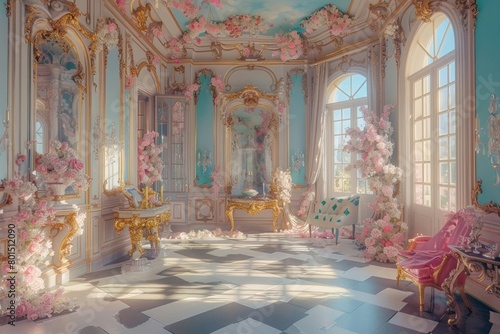 Whimsical Rococo Pastel Palace Interior with Grandiose Ornate Architecture and Lavish Decor