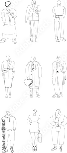 Ensemble homme femme vecteur style mode vêtement dessin trait fil de fer