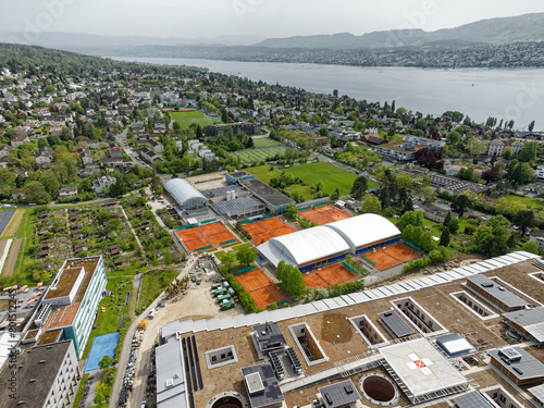 Aerial view of Swiss City of Zürich with Lake Zürich in the background on a cloudy spring afternoon. Photo taken April 30th, 2024, Zurich, Switzerland.