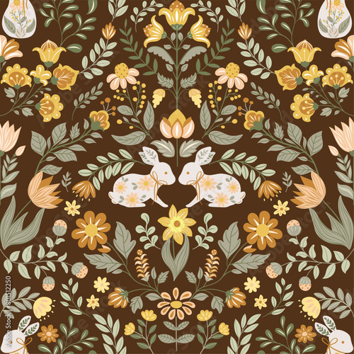 Seamless pattern with folk art design elements. Folk vector illustration with hares and flowers on a dark background. Scandinavian traditional motif