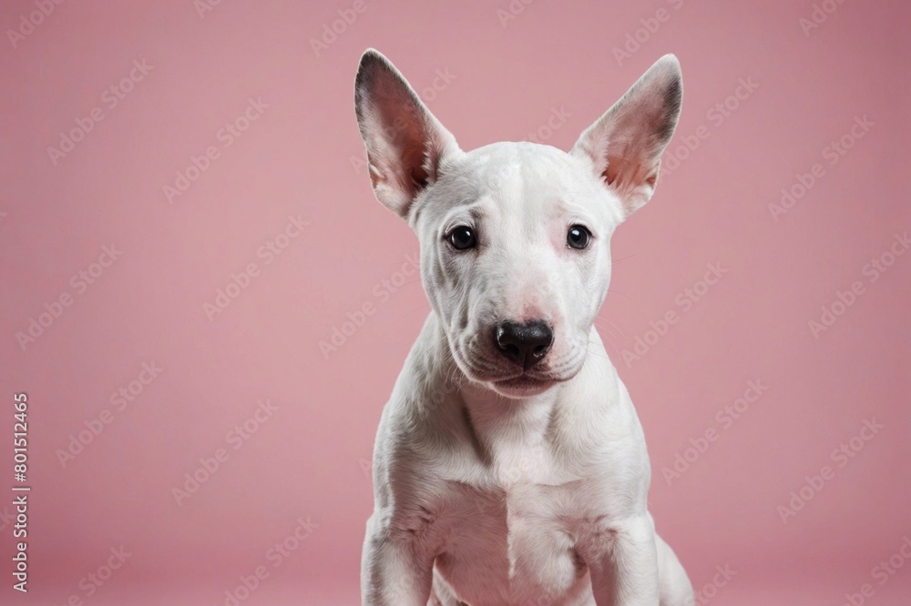 Obraz premium Bull Terrier puppy looking at camera, copy space. Studio shot.