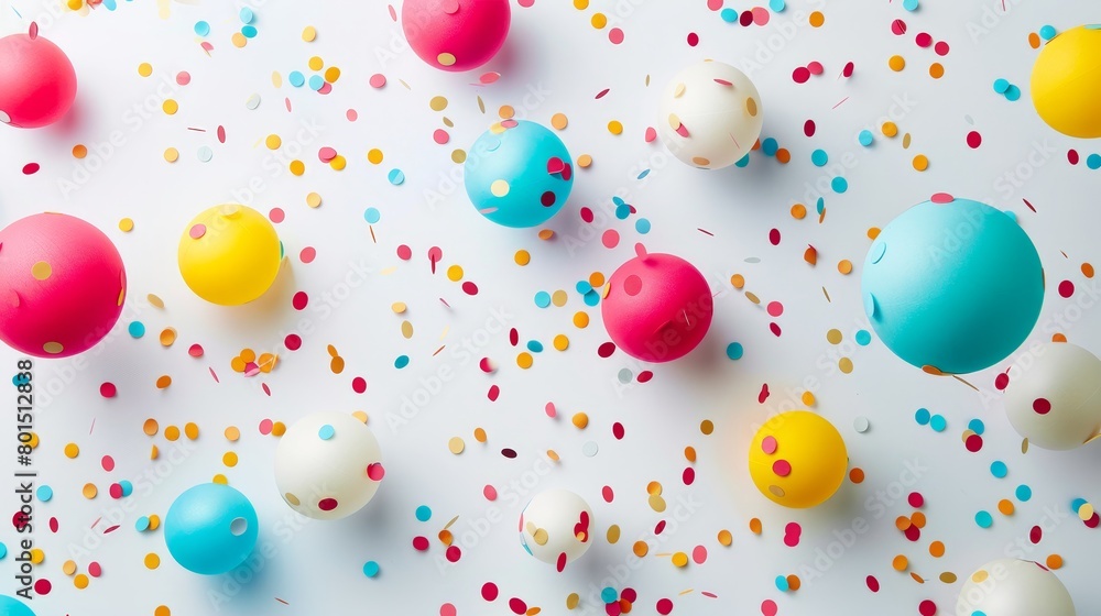 Colorful balloons and confetti on white background. Flat lay, top view