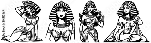 egyptian pin-up girl vintage style, black silhouette vector, comic cute woman shape print, monochrome clipart retro pin up illustration, laser cutting engraving nocolor