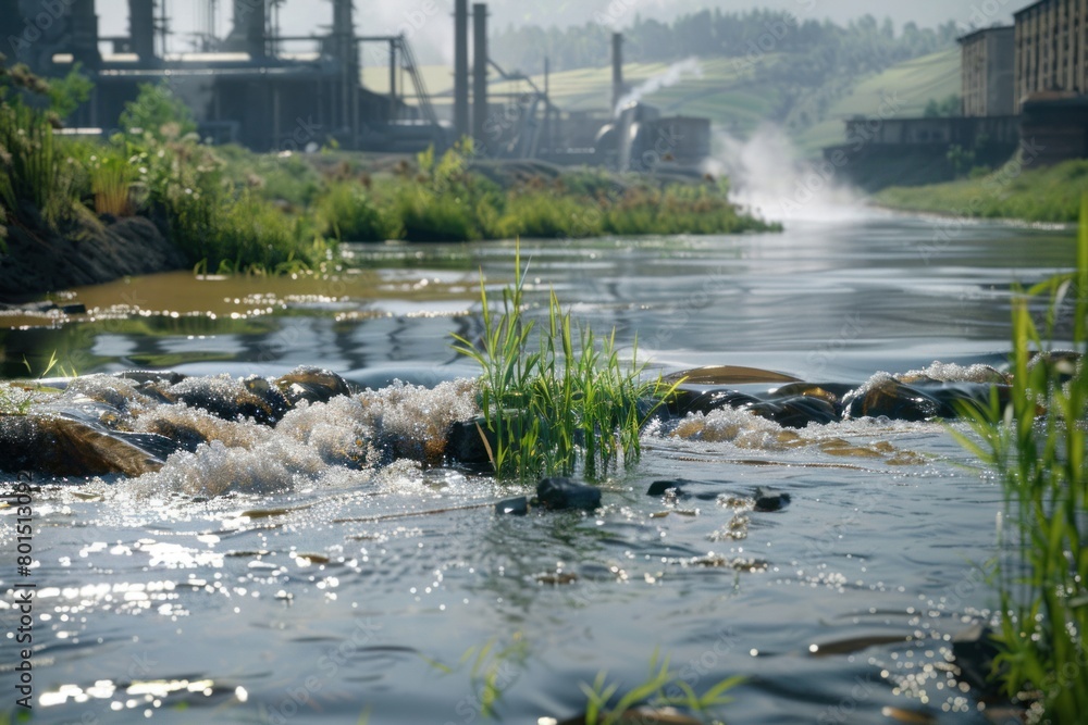 Polluted river with factory dumping waste into water, illustrating environmental degradation. Polluted river with factory dumping waste into water, illustrating environmental degradation.