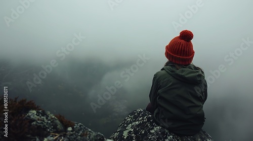 Atop a mountain peak shrouded in mist, a beanie sits perched upon a weathered rock, its rich color a beacon of warmth amidst the cold, gray expanse.  photo