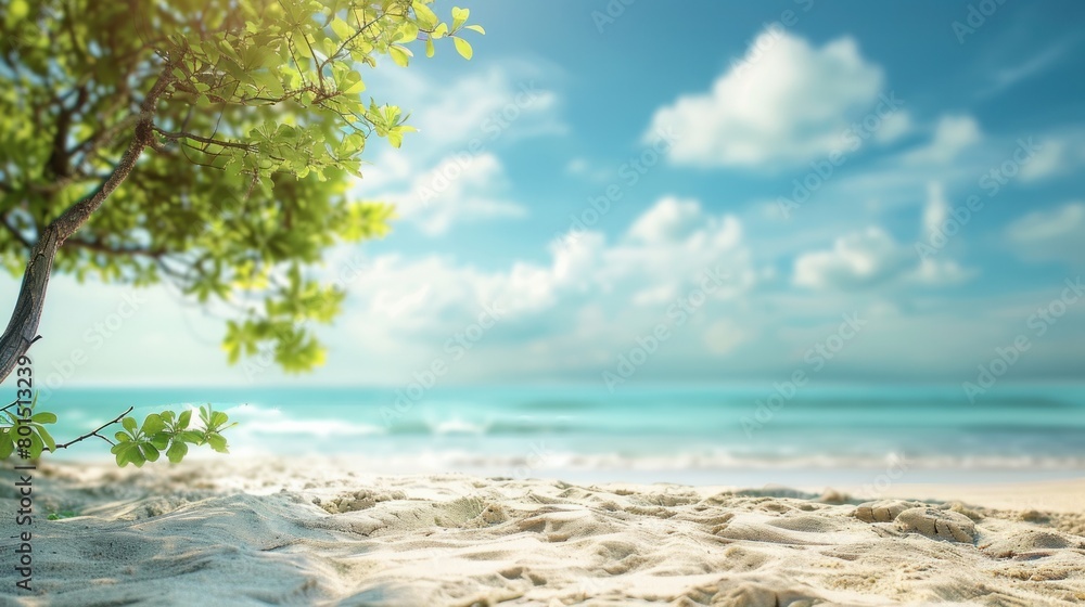 A serene image of a beautiful sandy beach, with a blurred sky and trees creating a tranquil summer backdrop.

