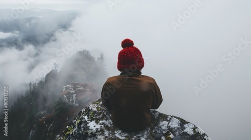 Atop a mountain peak shrouded in mist, a beanie sits perched upon a weathered rock, its rich color a beacon of warmth amidst the cold, gray expanse.  photo